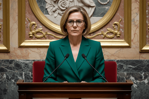 Femme au pupitre lors d'une allocution officielle
